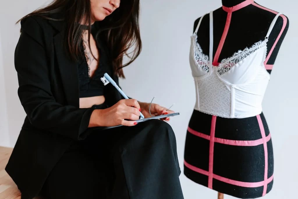 Barbie en su estudio con tablet y maniquí, acompañando el proceso de emprender con lencería