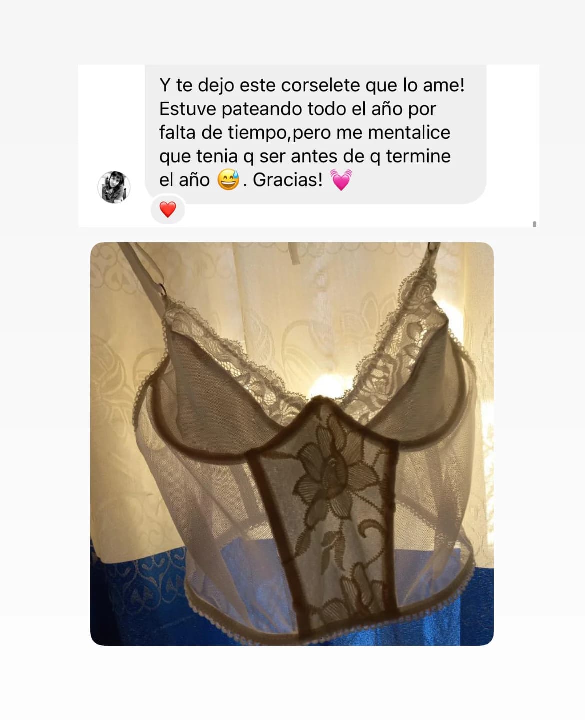 Mensaje de alumna sobre su corselet terminado con la membresía