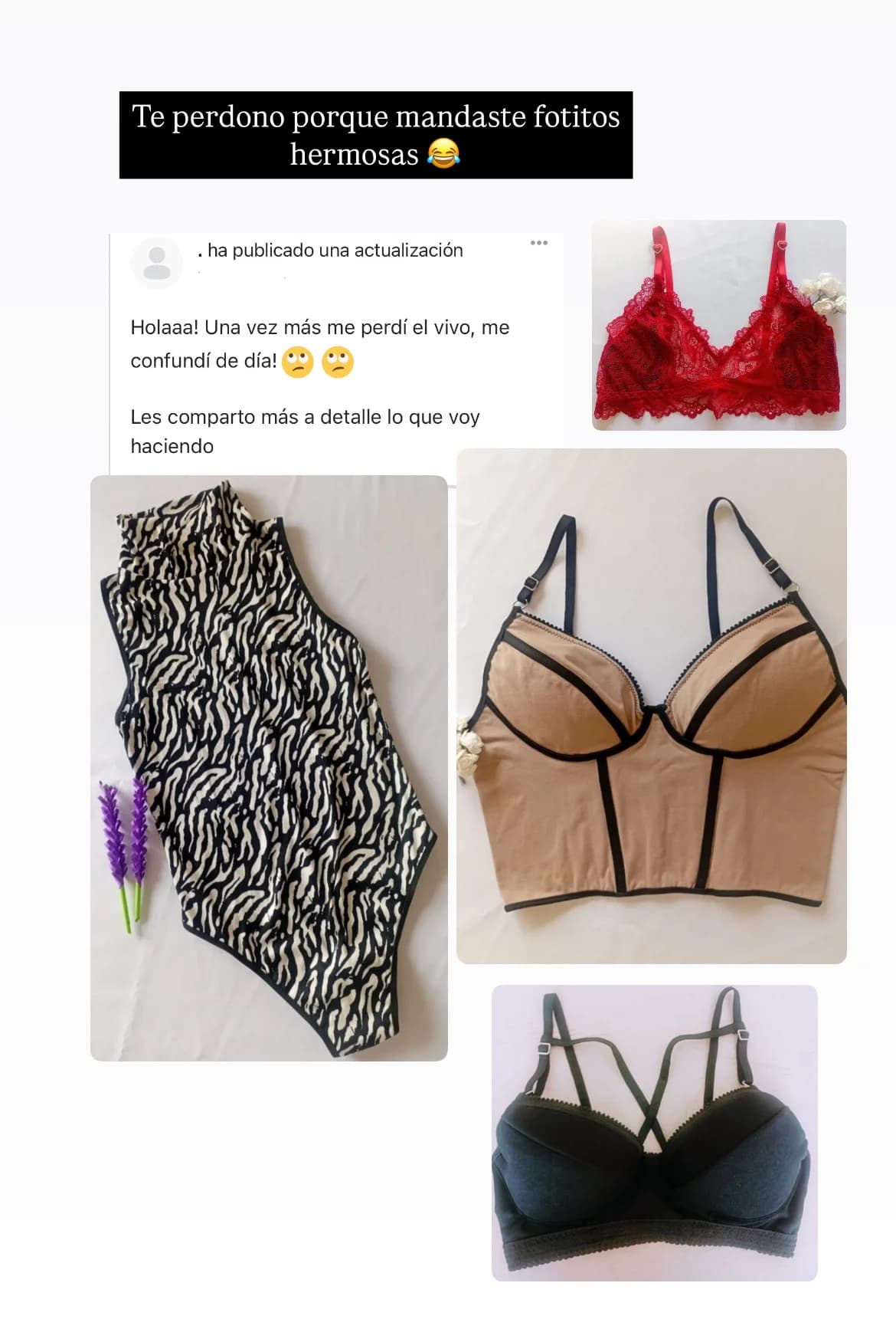 Collage de prendas hechas por una alumna: bralette roja, body estampado y bustier
